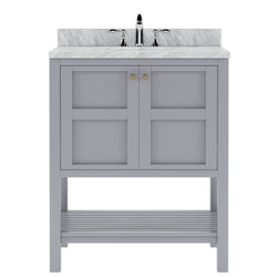 Virtu USA Winterfell 30" Single Bath Vanity in White with White Marble Top and Square Sink with Brushed Nickel Faucet with Matching Mirror - Luxe Bathroom Vanities