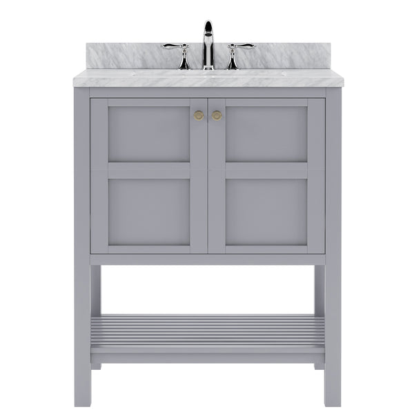 Virtu USA Winterfell 30" Single Bath Vanity in White with White Marble Top and Square Sink with Brushed Nickel Faucet with Matching Mirror - Luxe Bathroom Vanities