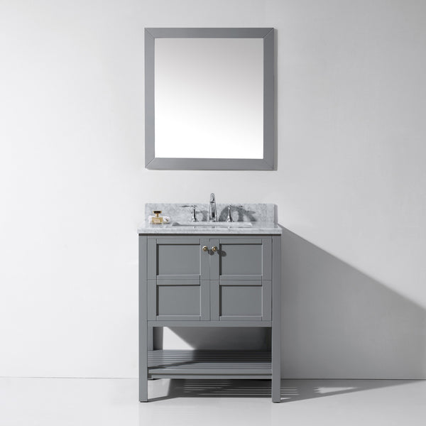 Virtu USA Winterfell 30" Single Bath Vanity in White with White Marble Top and Square Sink with Brushed Nickel Faucet with Matching Mirror - Luxe Bathroom Vanities