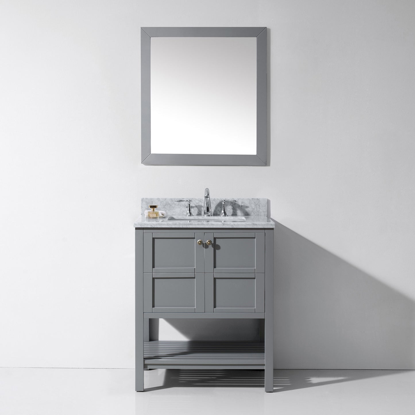Virtu USA Winterfell 30" Single Bath Vanity in White with White Marble Top and Square Sink with Polished Chrome Faucet with Matching Mirror - Luxe Bathroom Vanities