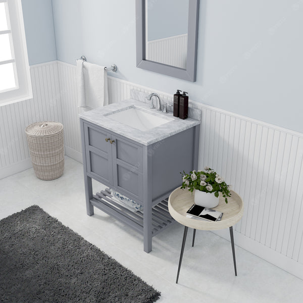 Virtu USA Winterfell 30" Single Bath Vanity in White with White Marble Top and Square Sink with Brushed Nickel Faucet with Matching Mirror - Luxe Bathroom Vanities