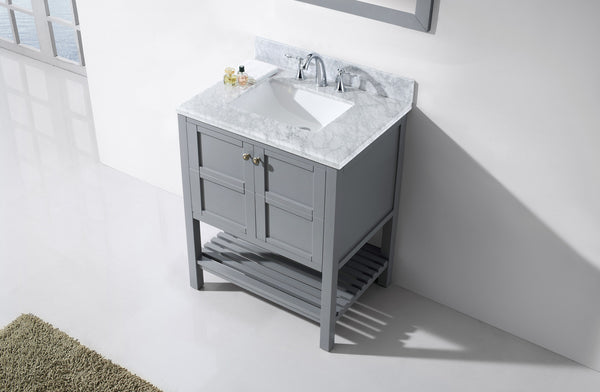 Virtu USA Winterfell 30" Single Bath Vanity in White with White Marble Top and Square Sink with Brushed Nickel Faucet with Matching Mirror - Luxe Bathroom Vanities