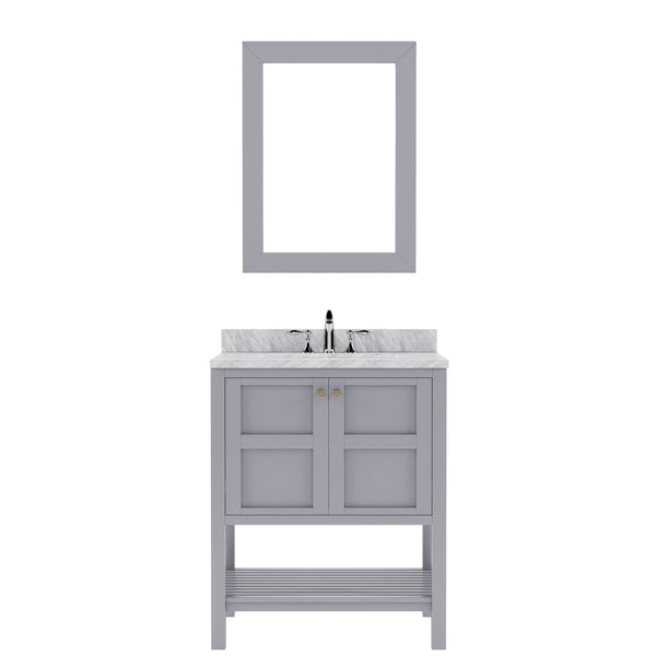 Virtu USA Winterfell 30" Single Bath Vanity in White with White Marble Top and Square Sink with Brushed Nickel Faucet with Matching Mirror - Luxe Bathroom Vanities