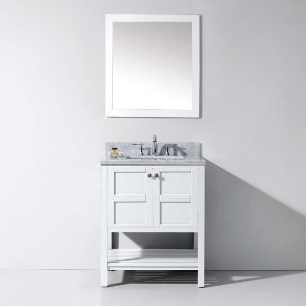 Virtu USA Winterfell 30" Single Bath Vanity with Marble Top and Square Sink with Brushed Nickel Faucet and Mirror - Luxe Bathroom Vanities Luxury Bathroom Fixtures Bathroom Furniture