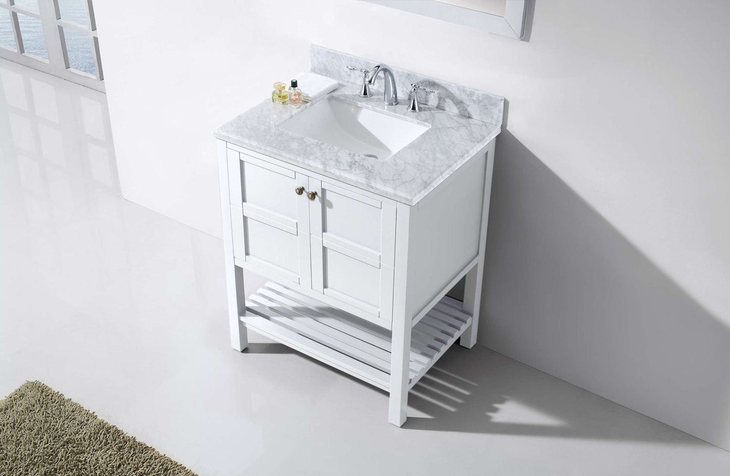 Virtu USA Winterfell 30" Single Bath Vanity in White with White Marble Top and Square Sink with Polished Chrome Faucet with Matching Mirror - Luxe Bathroom Vanities