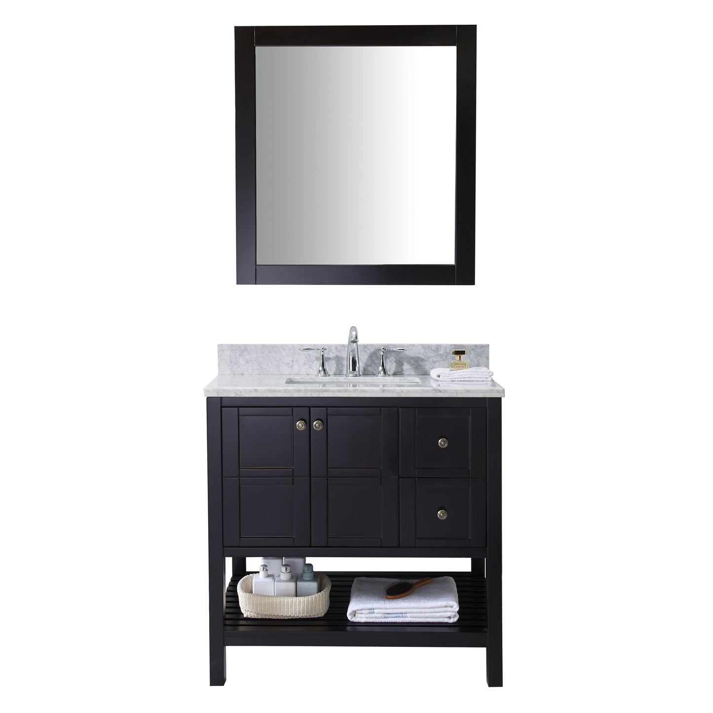 Virtu USA Winterfell 36" Single Bath Vanity in Espresso with Marble Top and Square Sink with Polished Chrome Faucet and Mirror - Luxe Bathroom Vanities Luxury Bathroom Fixtures Bathroom Furniture