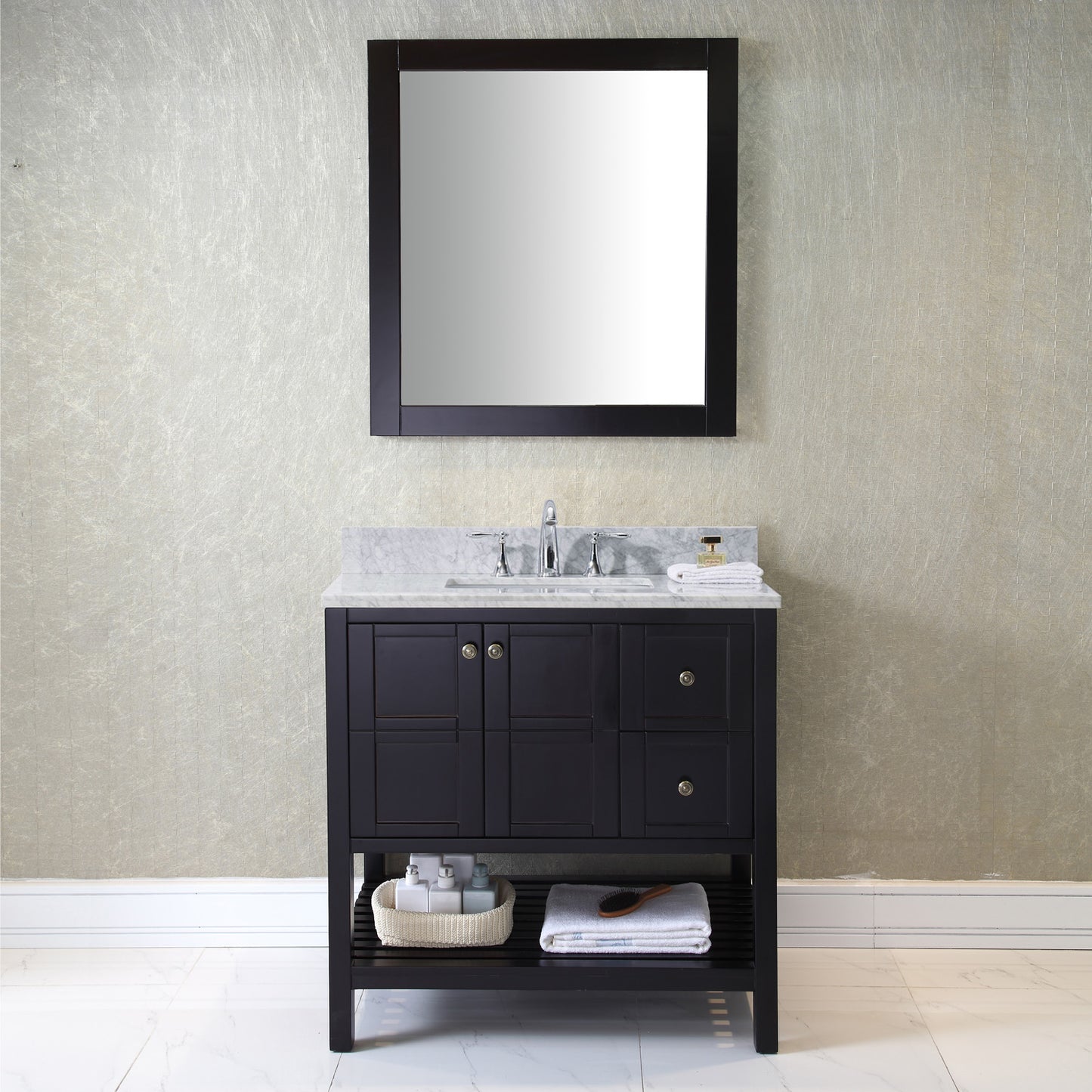 Virtu USA Winterfell 36" Single Bath Vanity with Marble Top and Square Sink with Polished Chrome Faucet and Mirror - Luxe Bathroom Vanities