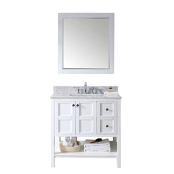 Virtu USA Winterfell 36" Single Bath Vanity in White with White Marble Top and Square Sink with Polished Chrome Faucet with Matching Mirror - Luxe Bathroom Vanities