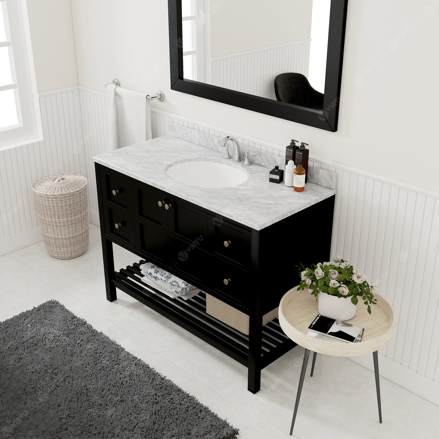 Virtu USA Winterfell 48" Single Bath Vanity with Marble Top and Round Sink with Polished Chrome Faucet and Mirror - Luxe Bathroom Vanities