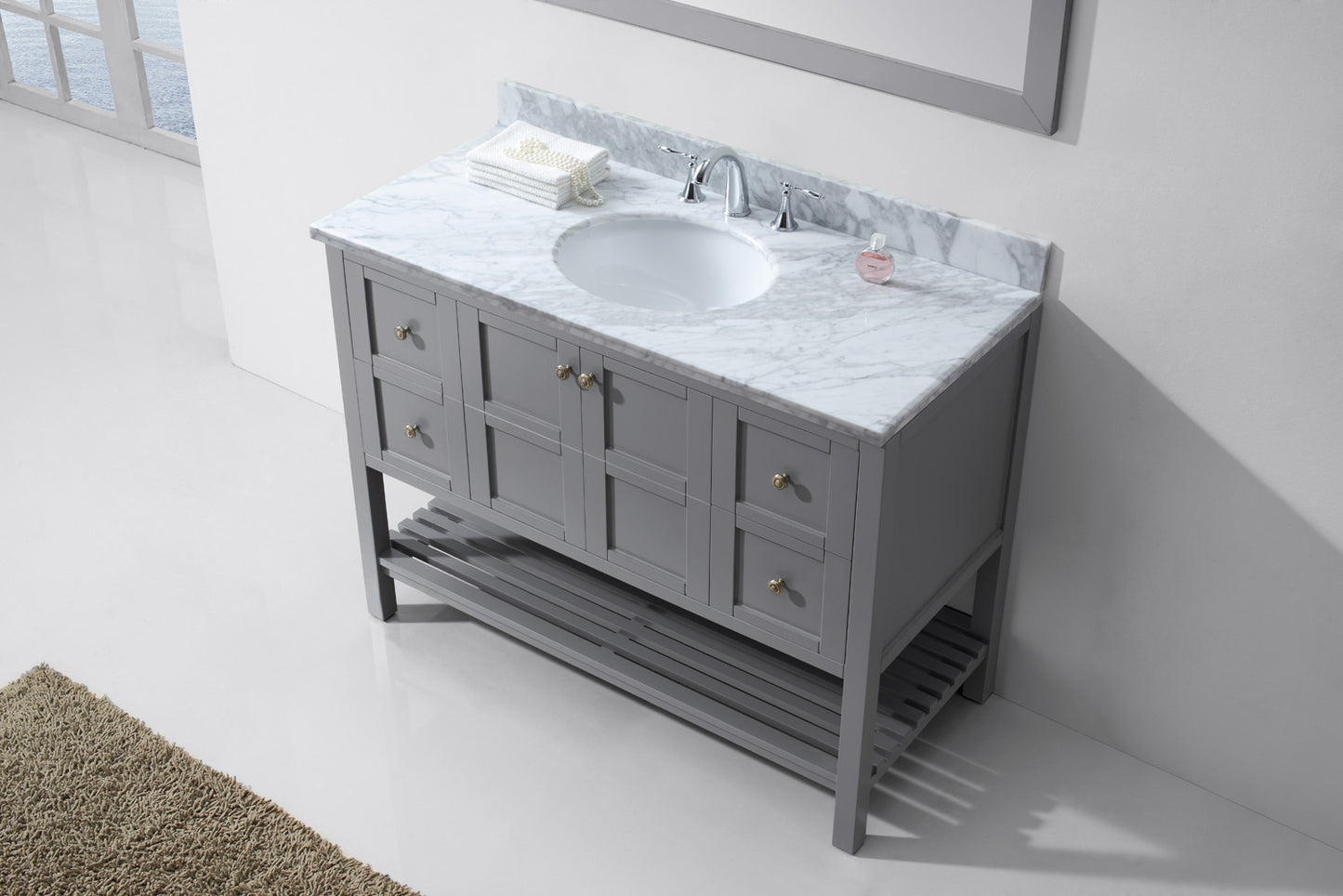 Virtu USA Winterfell 48" Single Bath Vanity with Marble Top and Round Sink with Brushed Nickel Faucet and Mirror - Luxe Bathroom Vanities Luxury Bathroom Fixtures Bathroom Furniture