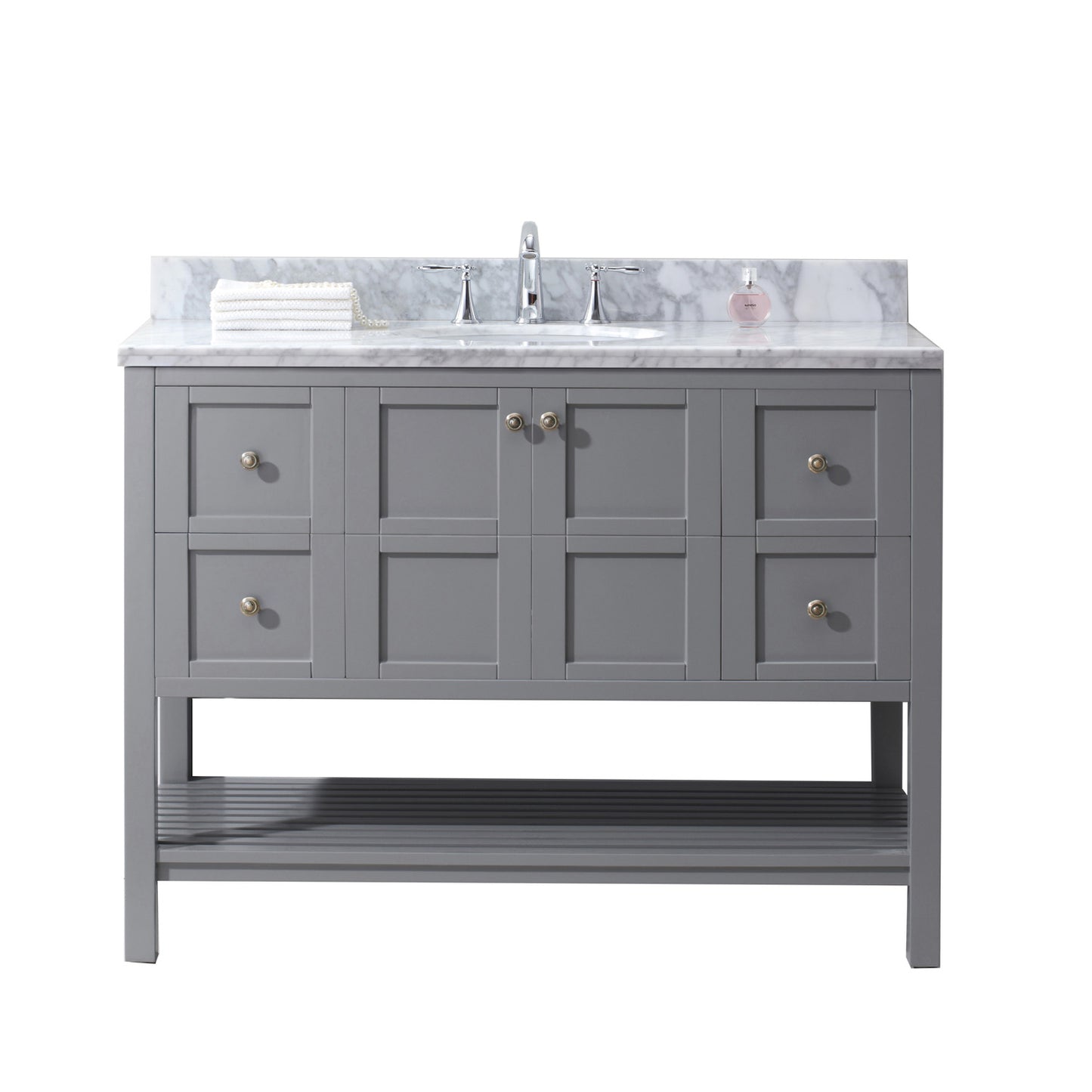 Virtu USA Winterfell 48" Single Bath Vanity with Marble Top and Round Sink with Polished Chrome Faucet and Mirror - Luxe Bathroom Vanities Luxury Bathroom Fixtures Bathroom Furniture