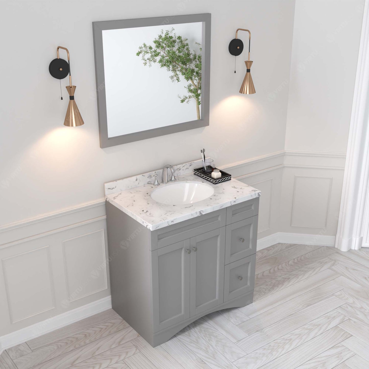 Virtu USA Elise 36" Single Bath Vanity in White with White Quartz Top and Round Sink with Polished Chrome Faucet with Matching Mirror - Luxe Bathroom Vanities