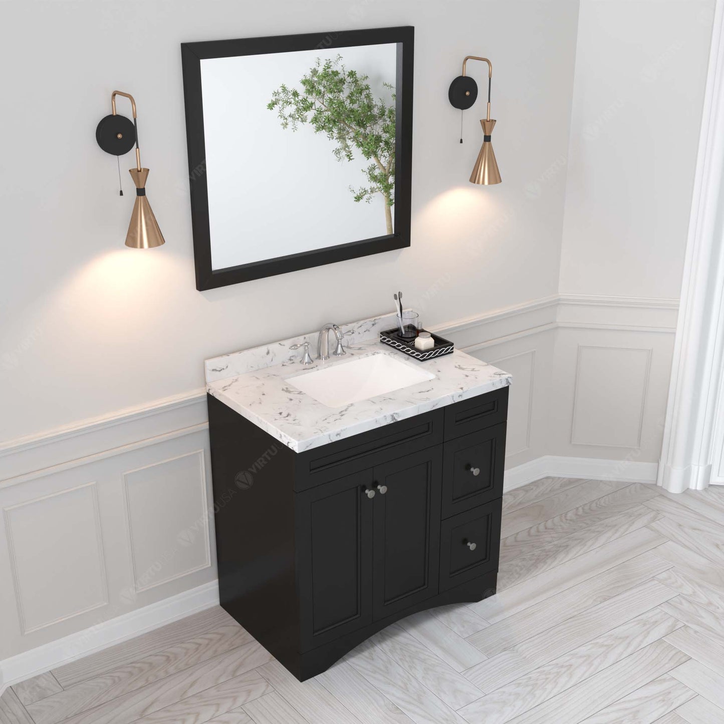 Virtu USA Elise 36" Single Bath Vanity in White with White Quartz Top and Square Sink with Matching Mirror - Luxe Bathroom Vanities