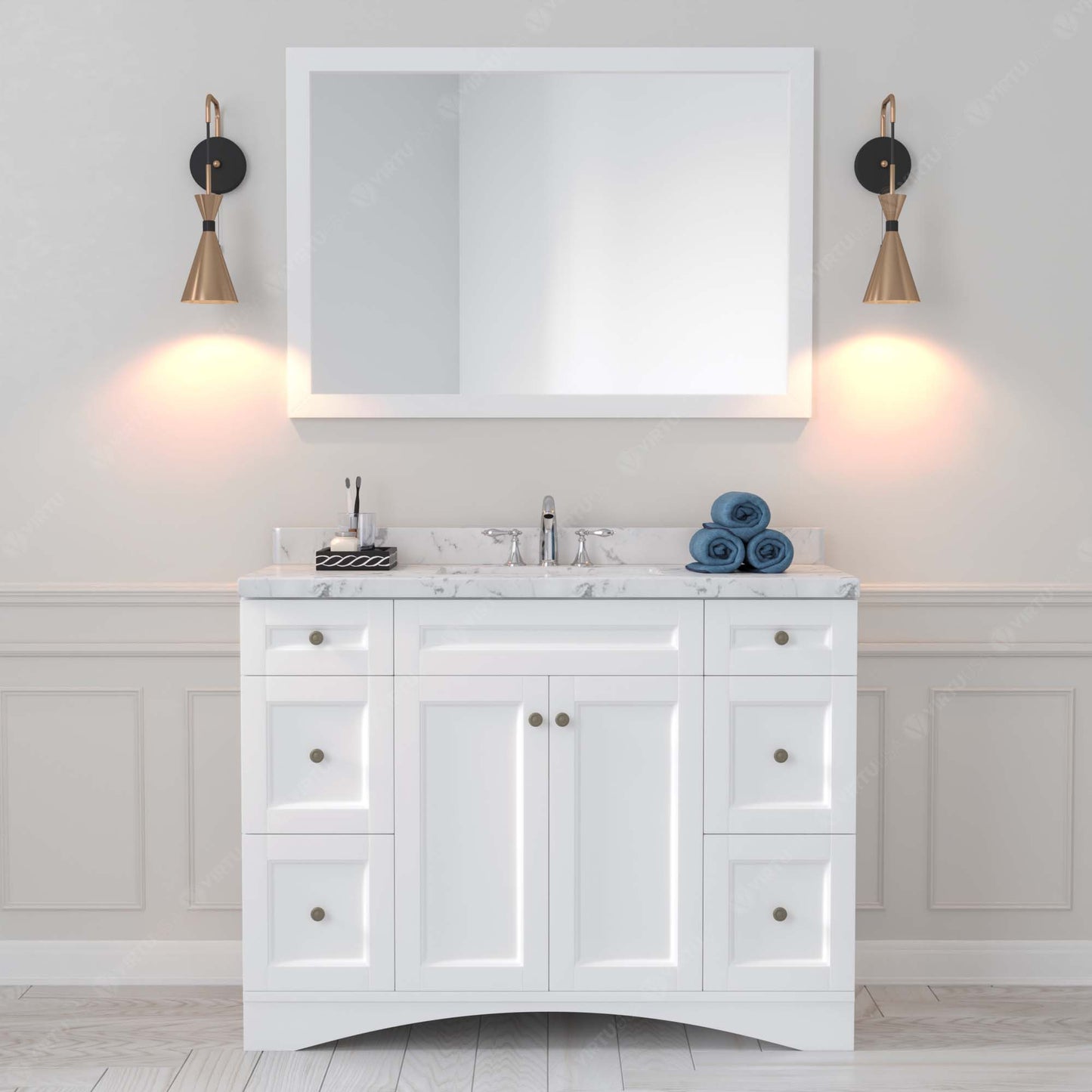 Virtu USA Elise 48" Single Bath Vanity in White with White Quartz Top and Round Sink with Polished Chrome Faucet with Matching Mirror - Luxe Bathroom Vanities