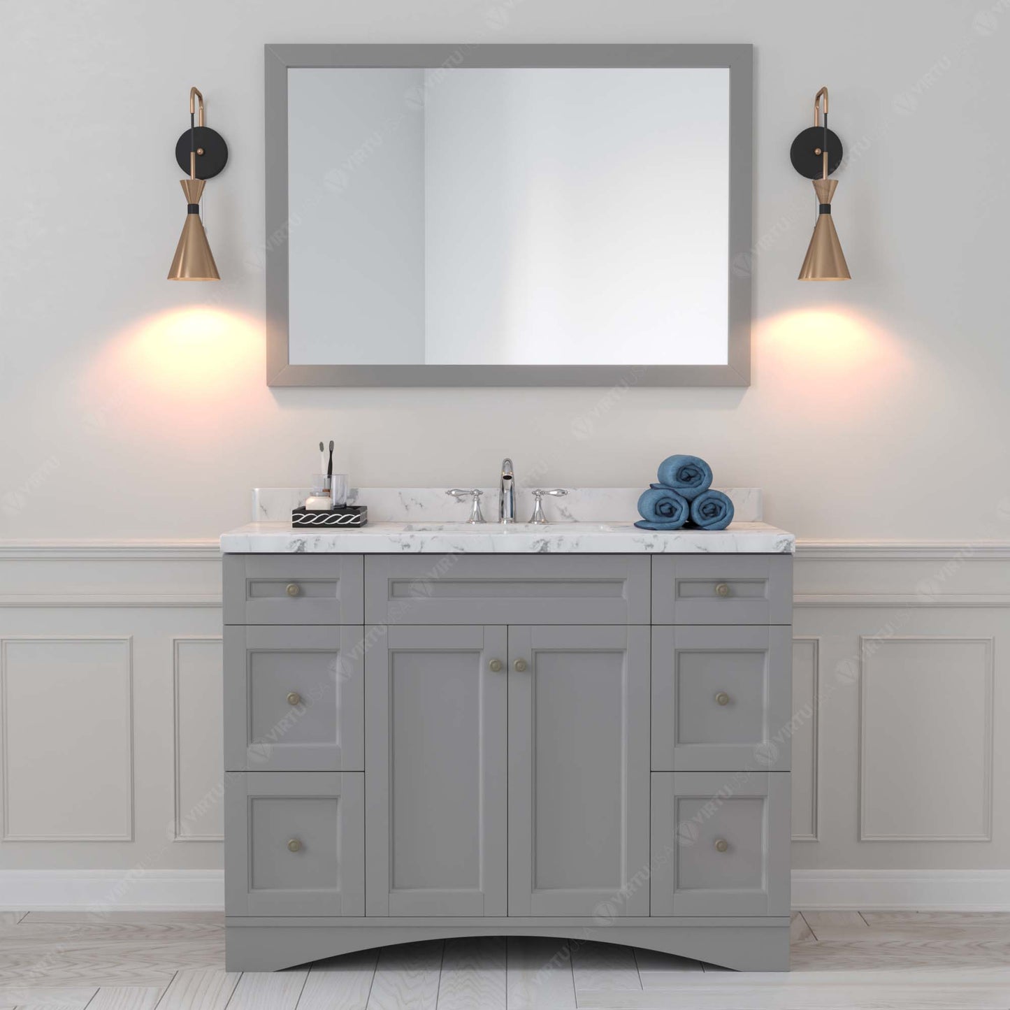 Virtu USA Elise 48" Single Bath Vanity in White with White Quartz Top and Square Sink with Matching Mirror - Luxe Bathroom Vanities