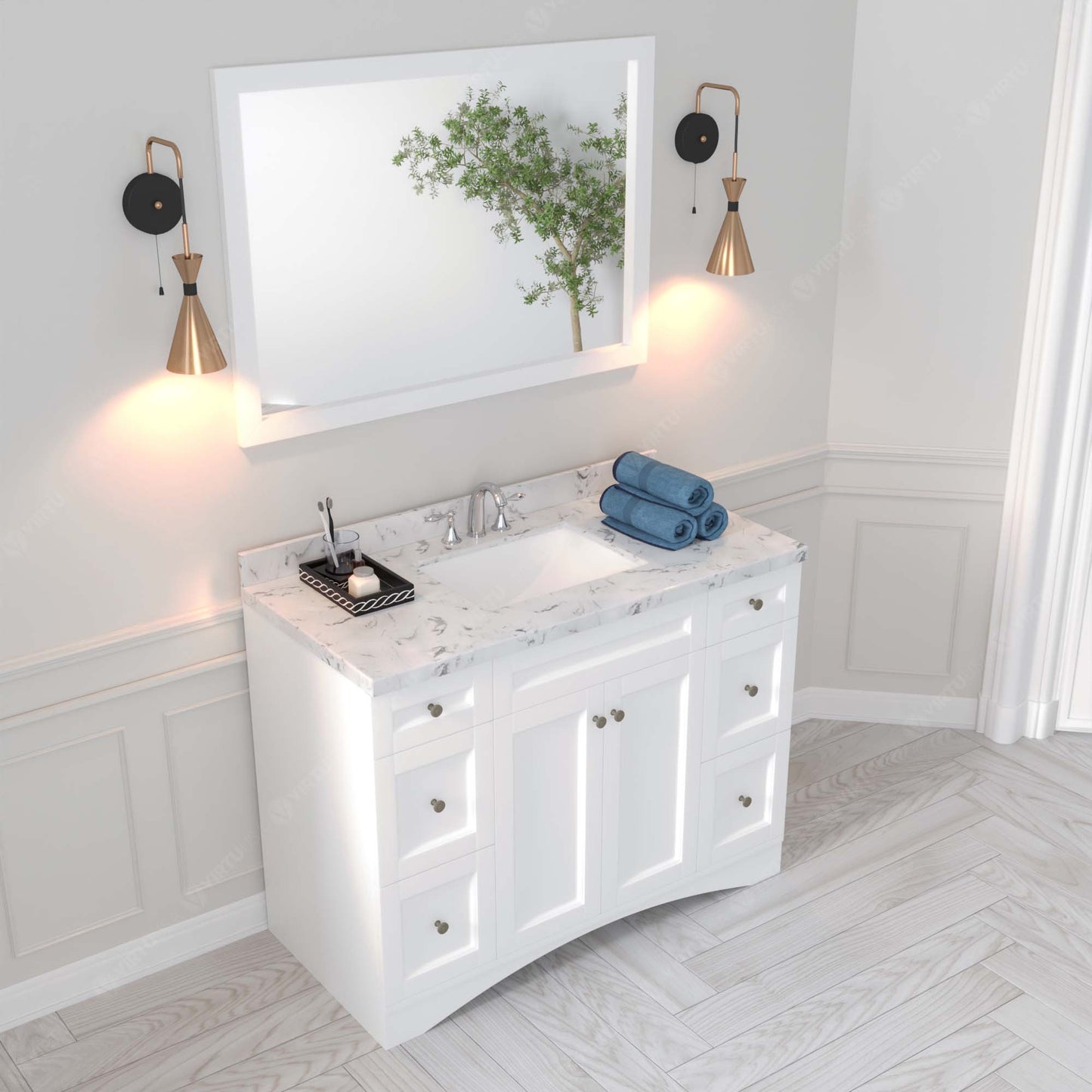 Virtu USA Elise 48" Single Bath Vanity in White with White Quartz Top and Square Sink with Matching Mirror - Luxe Bathroom Vanities