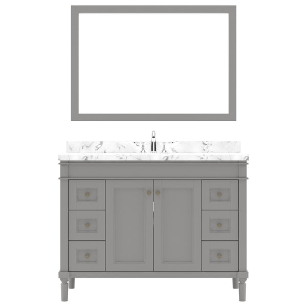 Virtu USA Tiffany 48" Single Bath Vanity in White with White Quartz Top and Round Sink with Brushed Nickel Faucet with Matching Mirror - Luxe Bathroom Vanities