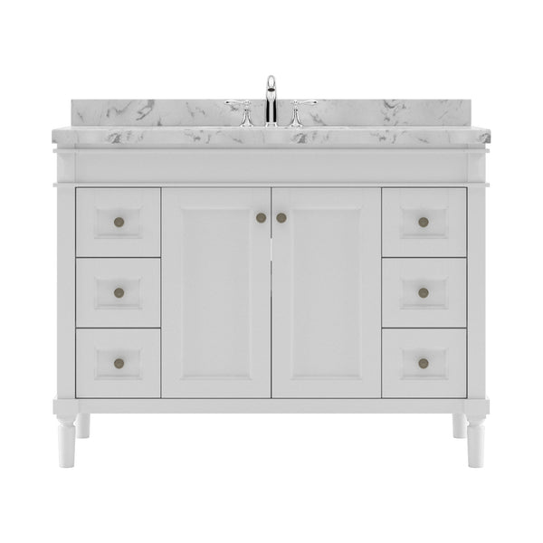 Virtu USA Tiffany 48" Single Bath Vanity in White with White Quartz Top and Round Sink with Polished Chrome Faucet with Matching Mirror - Luxe Bathroom Vanities