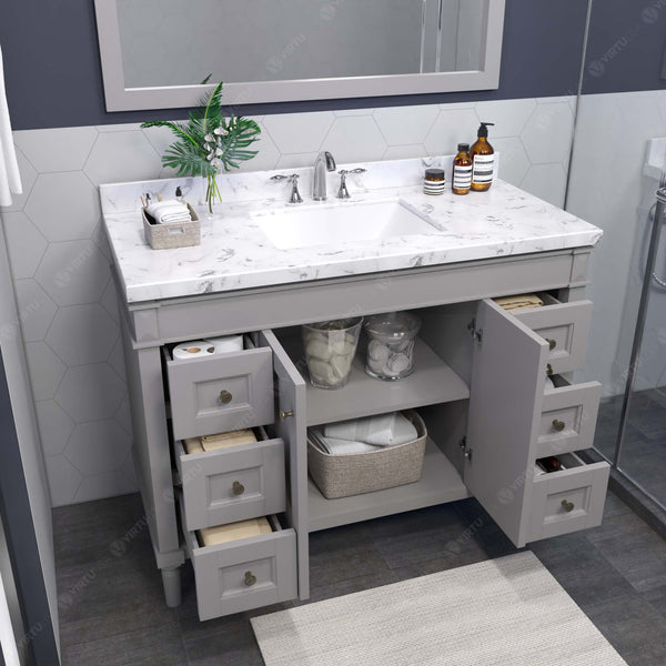 Virtu USA Tiffany 48" Single Bath Vanity in White with White Quartz Top and Square Sink with Polished Chrome Faucet with Matching Mirror - Luxe Bathroom Vanities