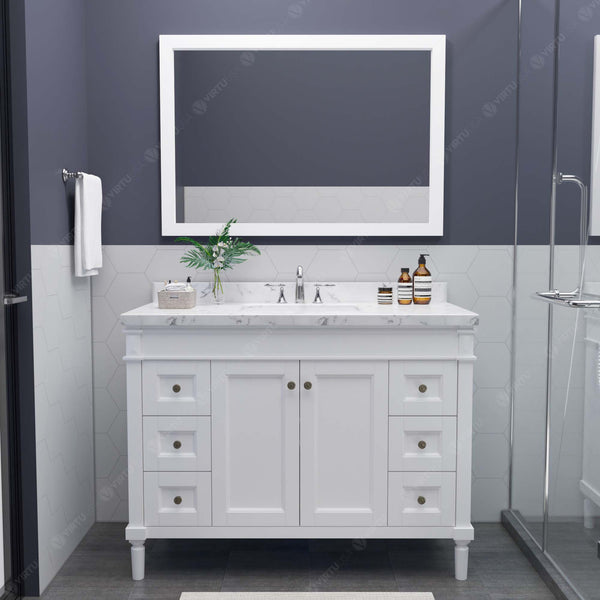 Virtu USA Tiffany 48" Single Bath Vanity in White with White Quartz Top and Square Sink with Brushed Nickel Faucet with Matching Mirror - Luxe Bathroom Vanities