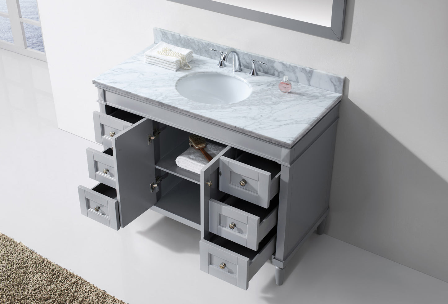Virtu USA Tiffany 48" Single Bath Vanity in Grey with Marble Top and Round Sink with Polished Chrome Faucet and Mirror - Luxe Bathroom Vanities