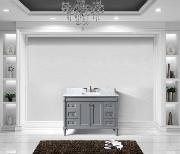 Virtu USA Tiffany 48" Single Bath Vanity in Grey with Marble Top and Square Sink with Brushed Nickel Faucet - Luxe Bathroom Vanities