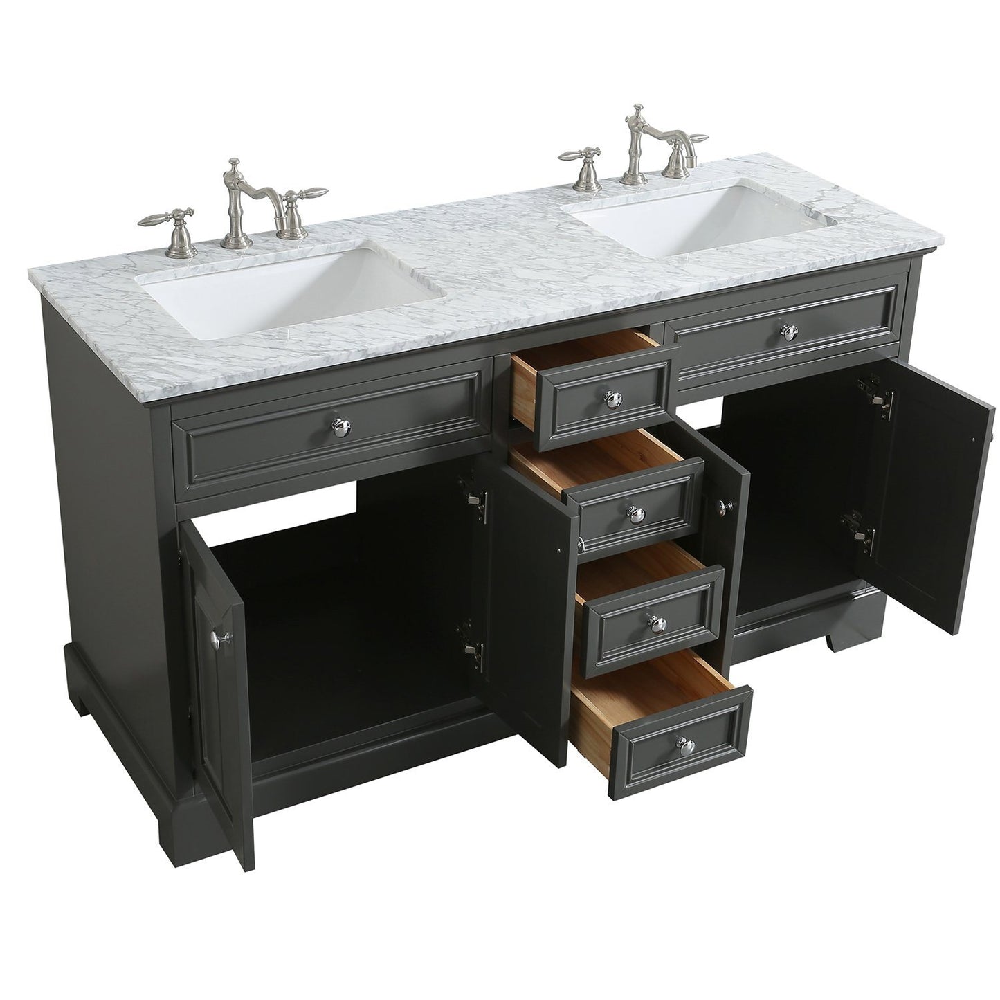 Eviva Monroe 60 in Double Bathroom Vanity  with White Carrara Marble Top and White Undermount Porcelain Sinks - Luxe Bathroom Vanities Luxury Bathroom Fixtures Bathroom Furniture