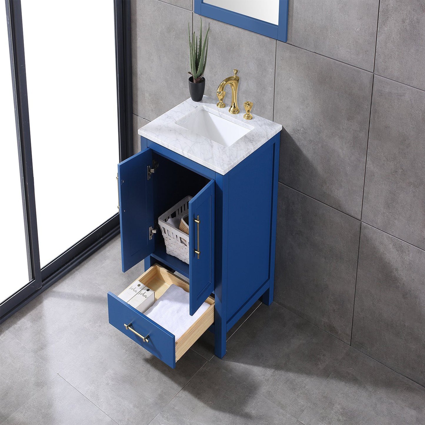 Eviva Navy 24 inch Deep Blue Bathroom Vanity with White Carrera Counter-top and White Undermount Porcelain Sink - Luxe Bathroom Vanities Luxury Bathroom Fixtures Bathroom Furniture