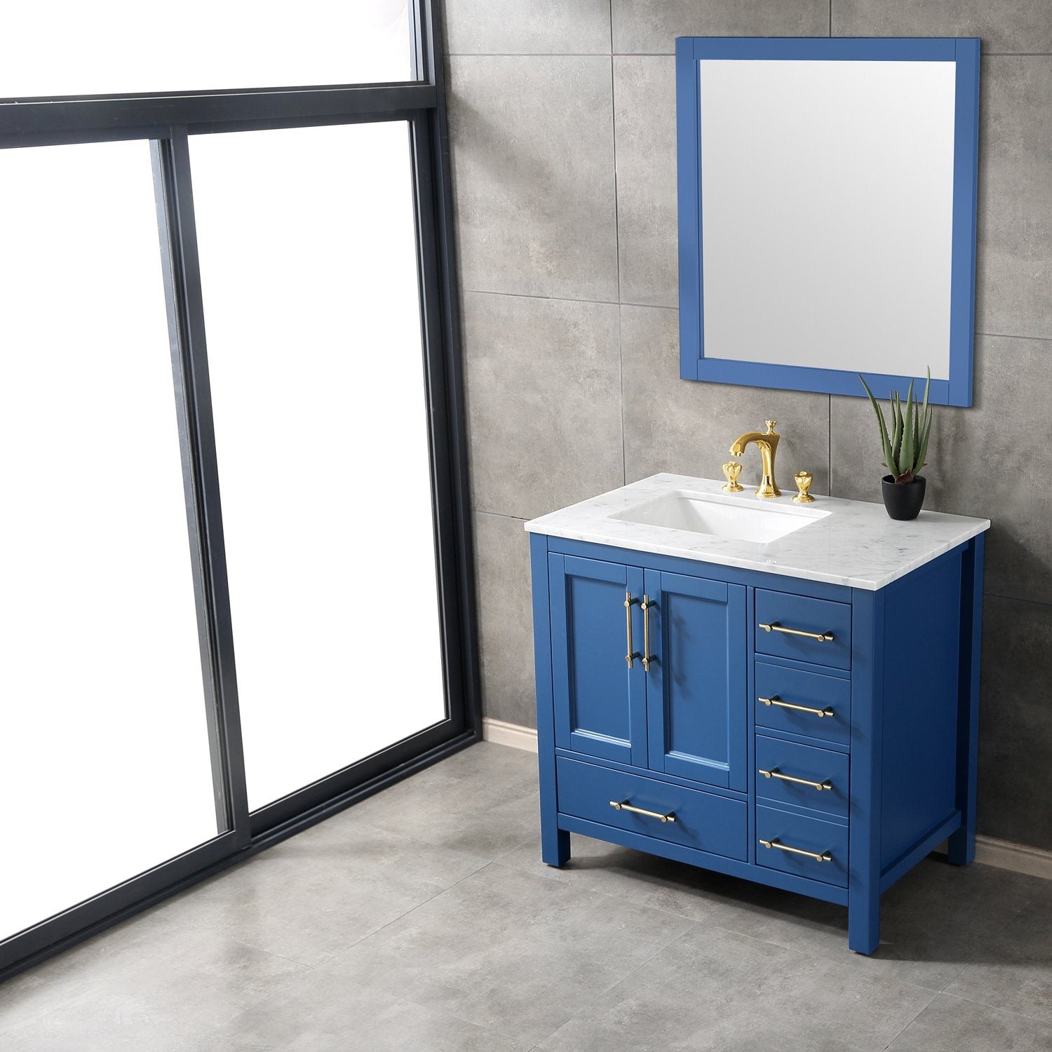 Eviva Navy 36 inch Deep Blue Bathroom Vanity with White Carrera Counter-top  and White Undermount Porcelain Sink