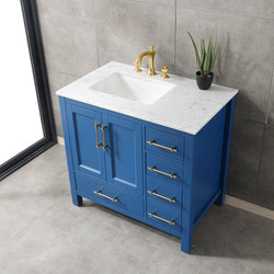 Eviva Navy 36 inch Deep Blue Bathroom Vanity with White Carrera Counter-top and White Undermount Porcelain Sink - Luxe Bathroom Vanities Luxury Bathroom Fixtures Bathroom Furniture