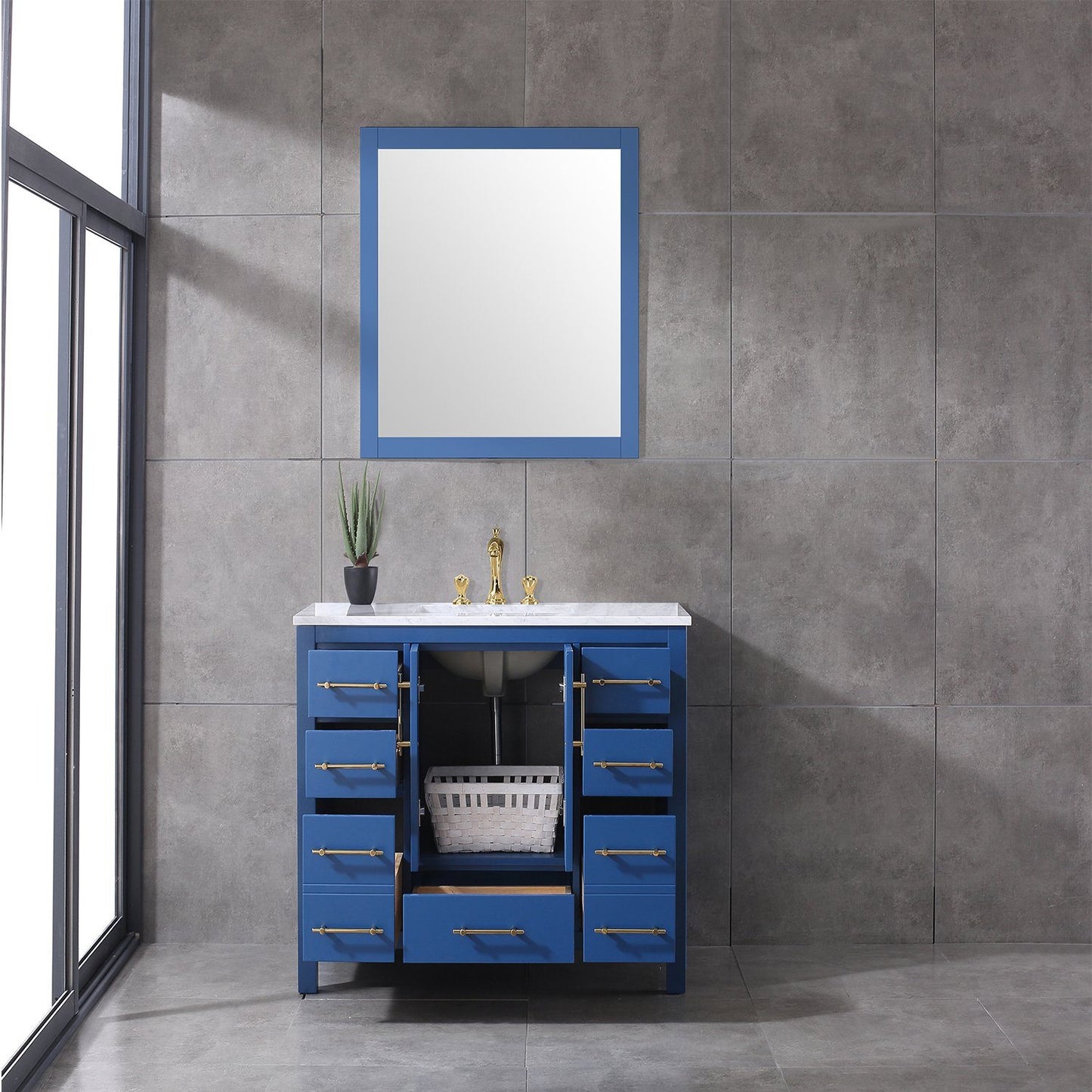 Eviva Navy 42 inch Deep Blue Bathroom Vanity with White Carrera Counter-top and White Undermount Porcelain Sink - Luxe Bathroom Vanities Luxury Bathroom Fixtures Bathroom Furniture