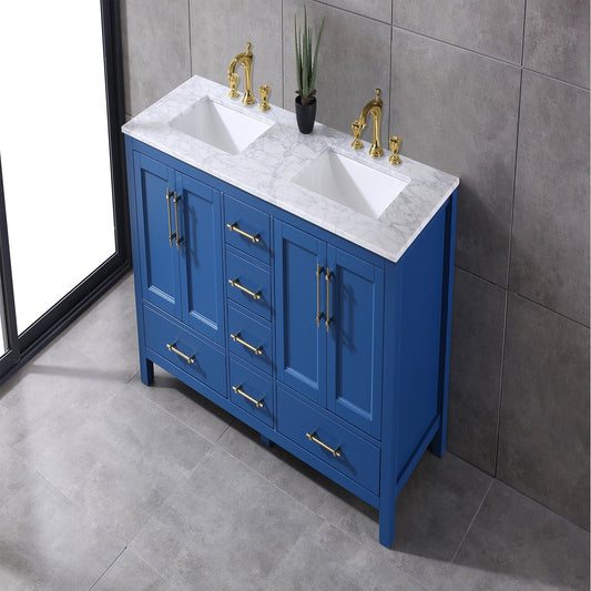 Eviva Navy 60 inch Deep Blue Bathroom Vanity with White Carrera Counter-top and Double White Undermount Porcelain Sinks - Luxe Bathroom Vanities Luxury Bathroom Fixtures Bathroom Furniture