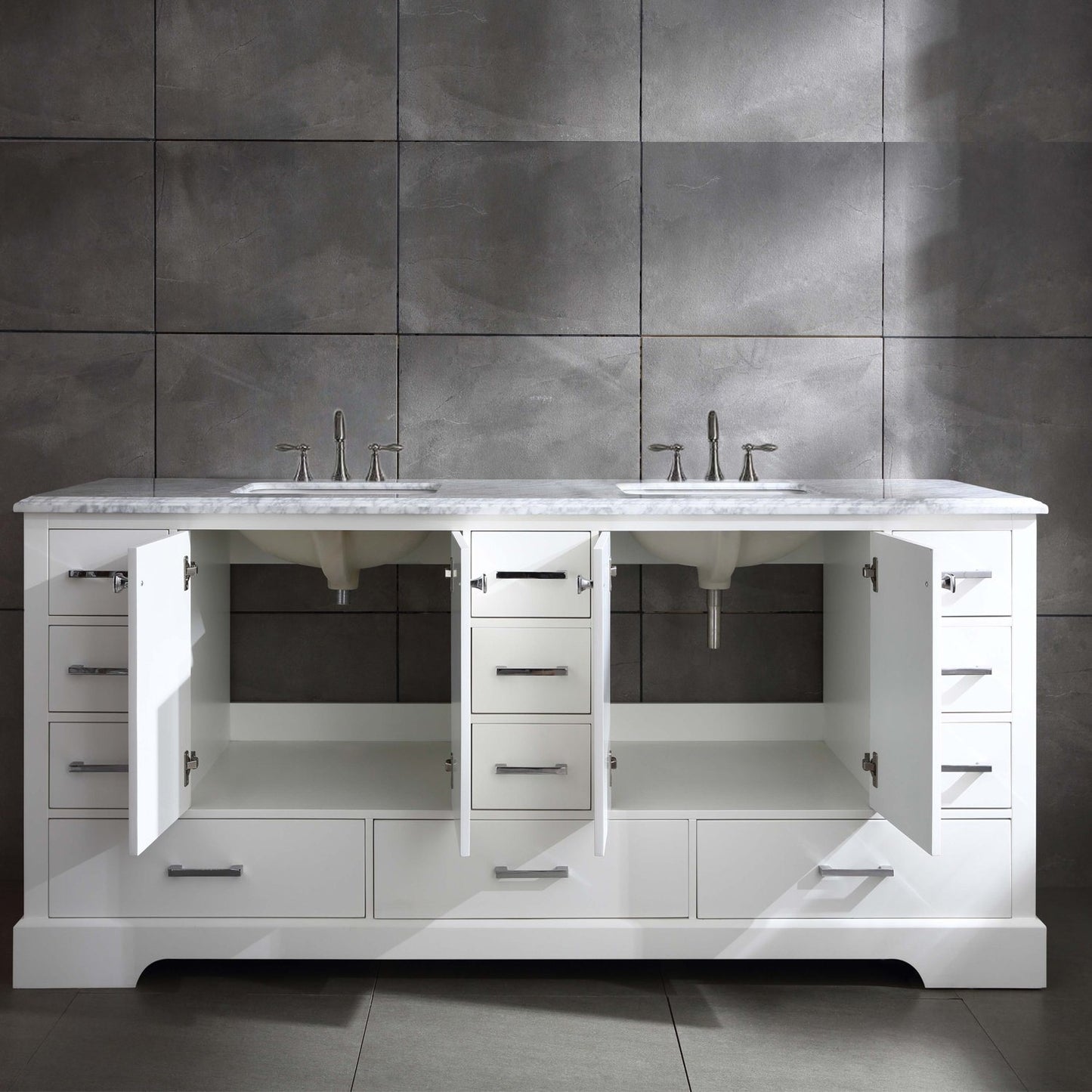 Eviva Storehouse 84 Inch Bathroom Vanity with Laxurious White Carrera Counter-top - Luxe Bathroom Vanities Luxury Bathroom Fixtures Bathroom Furniture