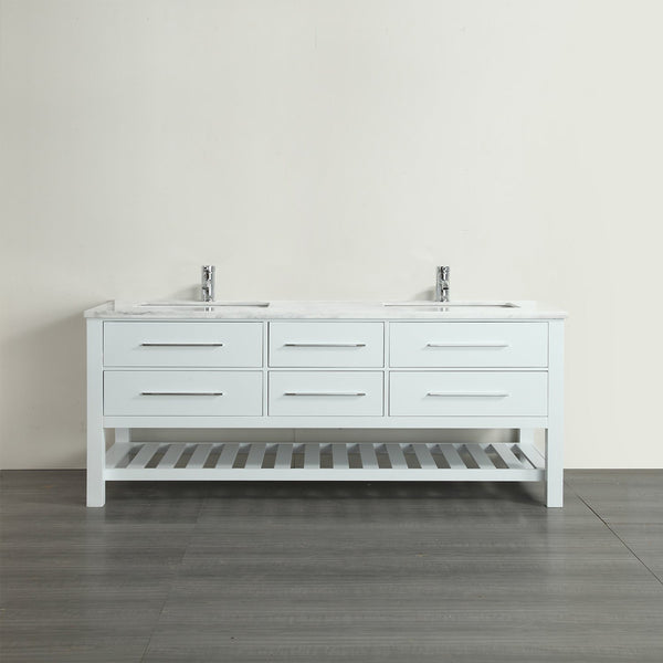 Eviva Natalie F. 60" White Bathroom Vanity with White Carrera Marble Counter-top & Double Porcelain Sinks - Luxe Bathroom Vanities Luxury Bathroom Fixtures Bathroom Furniture