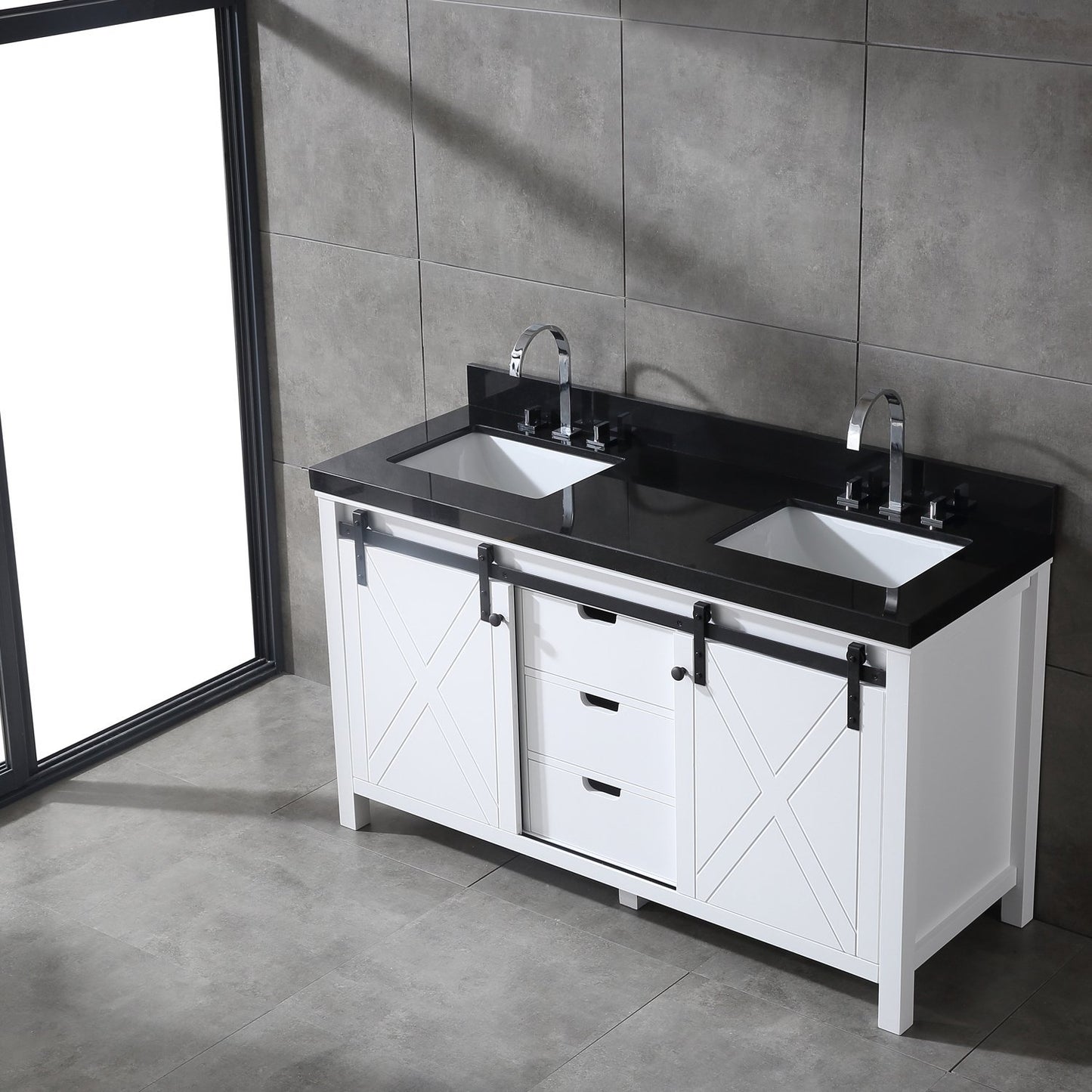 Eviva Dallas 60 in. White Bathroom Vanity with Absolute Black Granite Countertop - Luxe Bathroom Vanities Luxury Bathroom Fixtures Bathroom Furniture