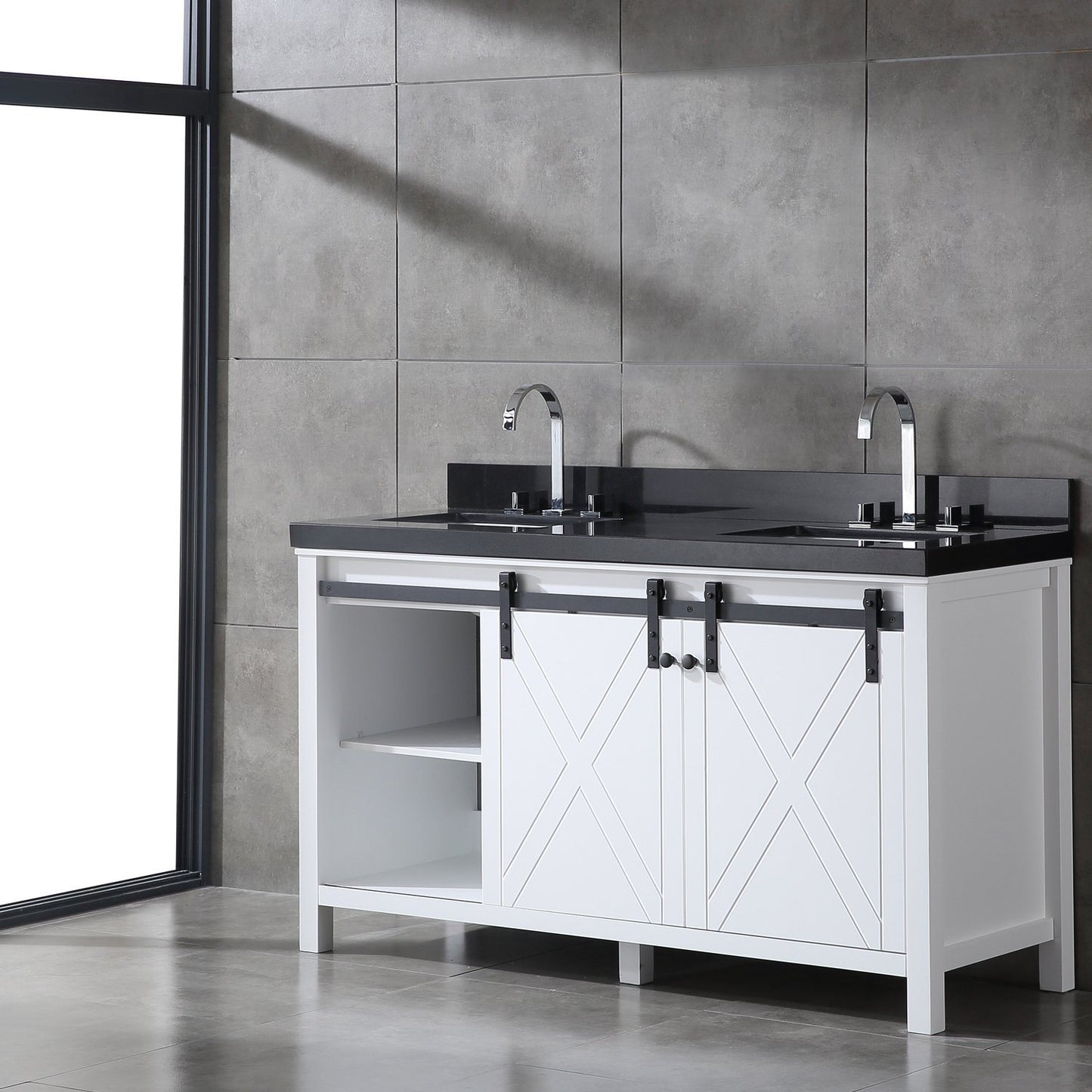 Eviva Dallas 60 in. White Bathroom Vanity with Absolute Black Granite Countertop - Luxe Bathroom Vanities Luxury Bathroom Fixtures Bathroom Furniture