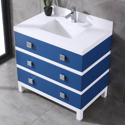 Eviva Sydney 36 Inch Blue and White Bathroom Vanity with Solid Quartz Counter-top - Luxe Bathroom Vanities Luxury Bathroom Fixtures Bathroom Furniture