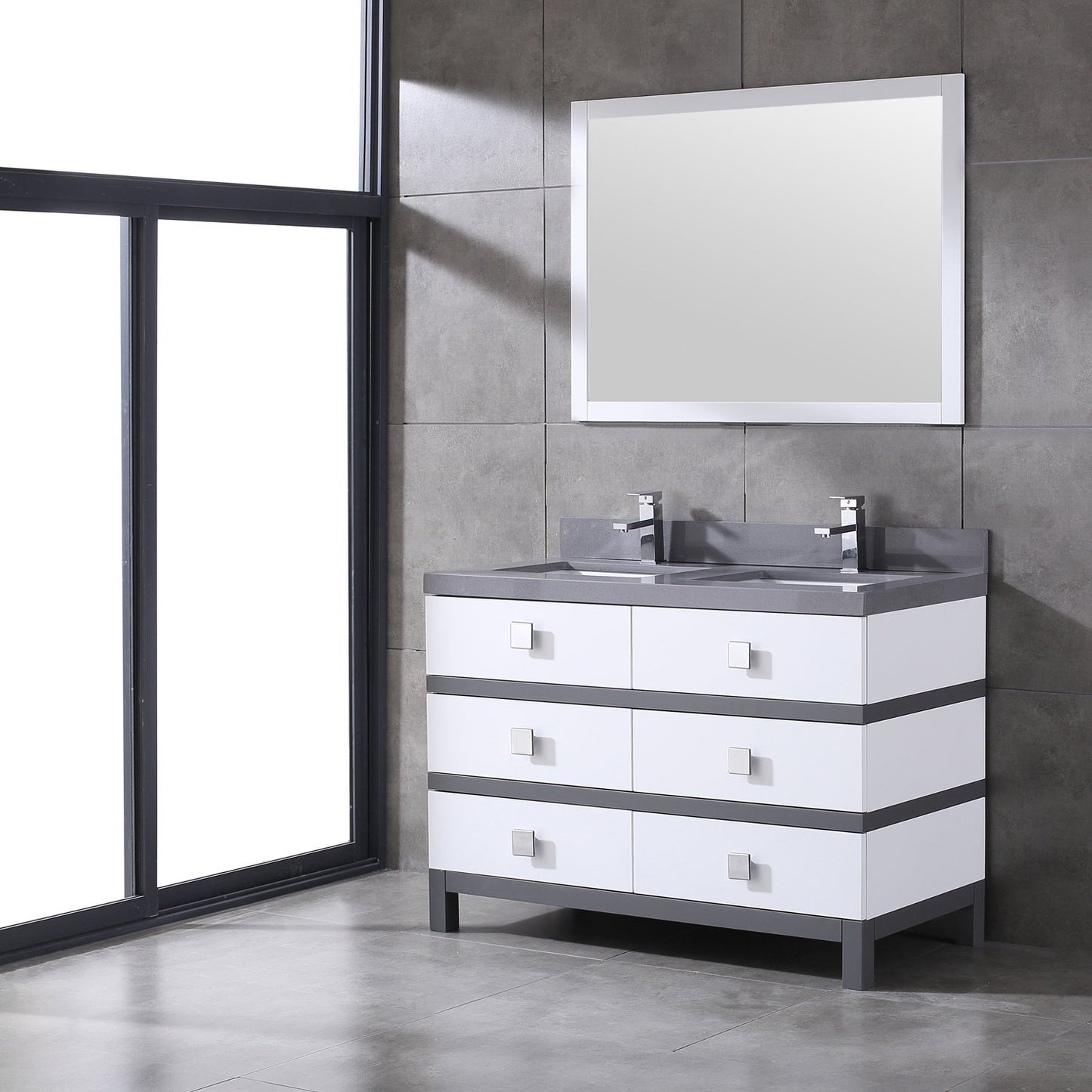 Eviva Sydney 48 Inch White and Grey Bathroom Vanity with Solid Quartz Counter-top - Luxe Bathroom Vanities Luxury Bathroom Fixtures Bathroom Furniture