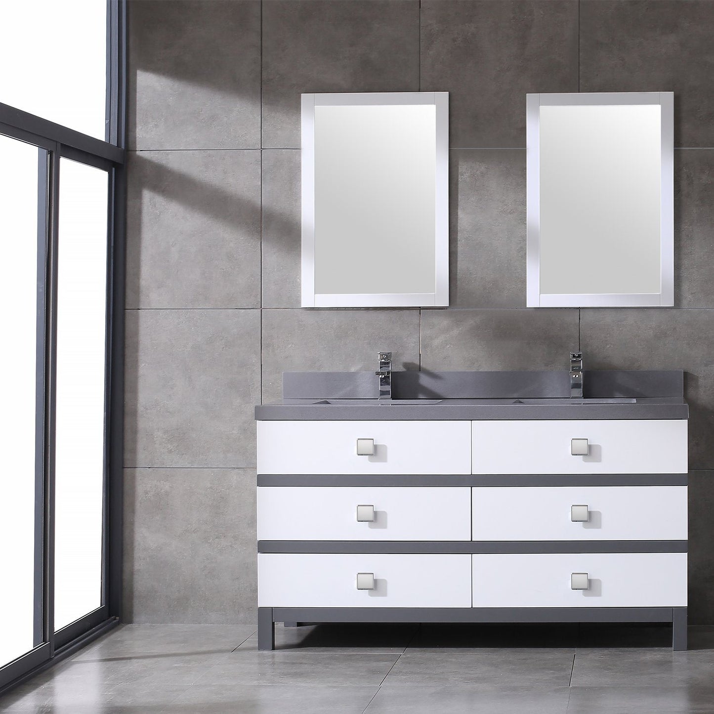 Eviva Sydney 60 Inch White and Grey Bathroom Vanity with Solid Quartz Counter-top - Luxe Bathroom Vanities Luxury Bathroom Fixtures Bathroom Furniture