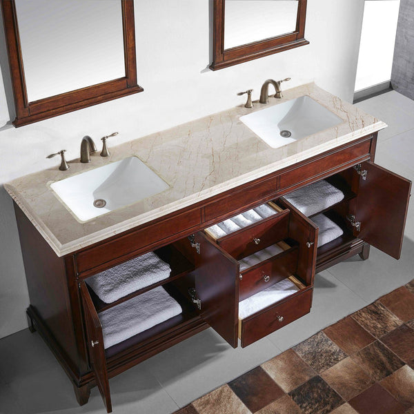 Eviva Elite Princeton 72" Teak Solid Wood Bathroom Vanity Set with Double OG Crema Marfil Marble Top - Luxe Bathroom Vanities Luxury Bathroom Fixtures Bathroom Furniture