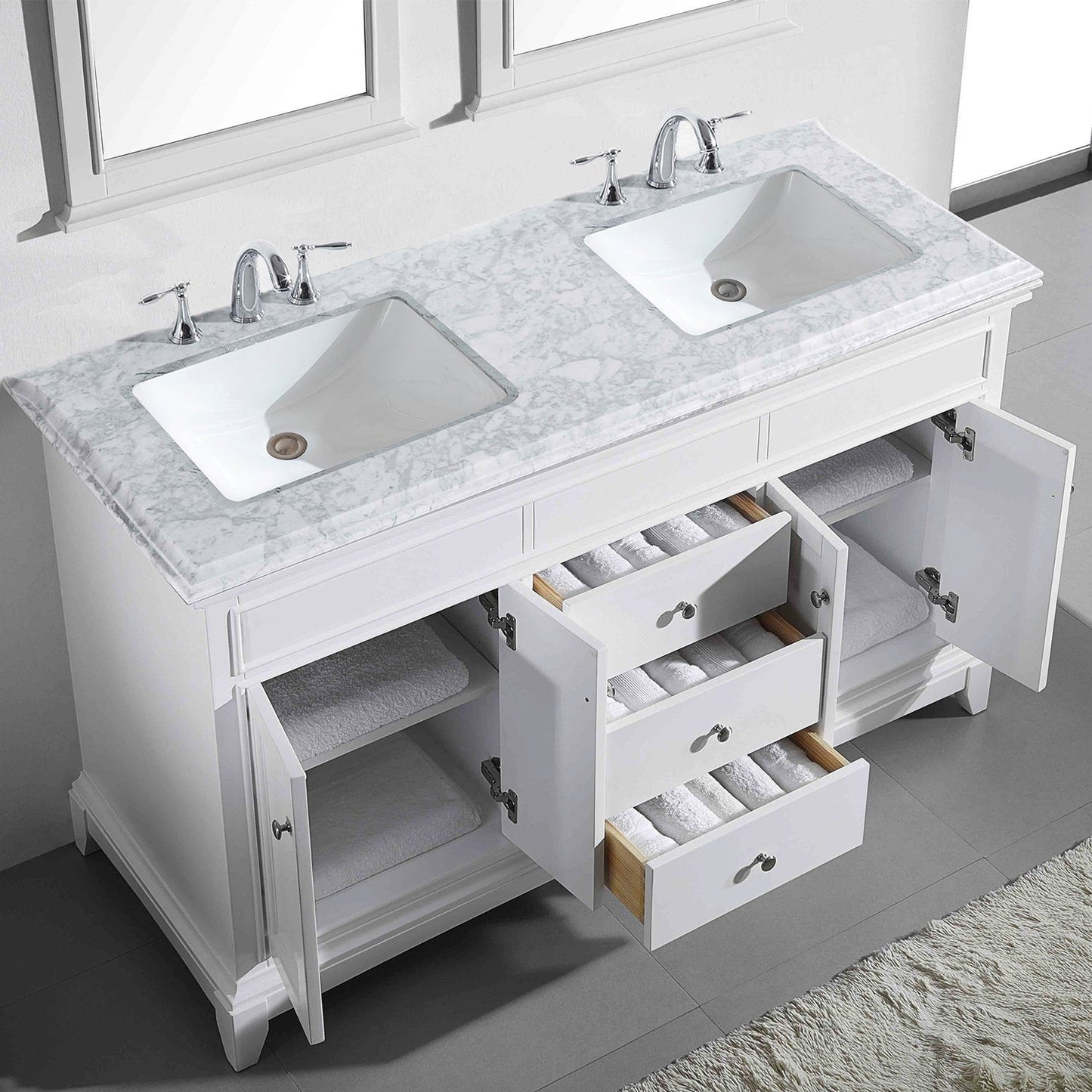 Eviva Elite Princeton 72" Solid Wood Bathroom Vanity Set with Double OG White Carrera Marble Top - Luxe Bathroom Vanities Luxury Bathroom Fixtures Bathroom Furniture