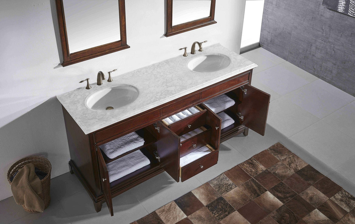 Eviva Elite Stamford 60" Brown Solid Wood Bathroom Vanity Set with Double OG White Carrara Marble Top & White Undermount Porcelain Sink - Luxe Bathroom Vanities Luxury Bathroom Fixtures Bathroom Furniture