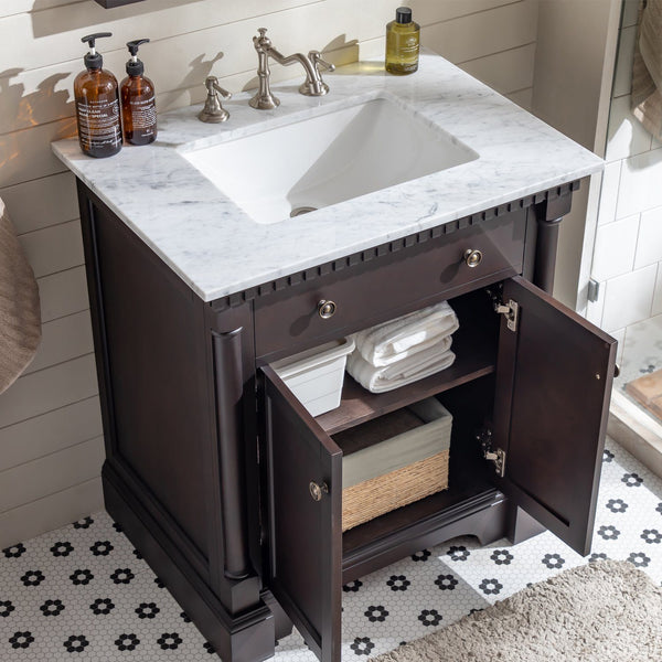 Eviva Preston 31 in. Aged Chocolate Bathroom Vanity with White Carrara Marble Countertop and Undermount Sink - Luxe Bathroom Vanities Luxury Bathroom Fixtures Bathroom Furniture