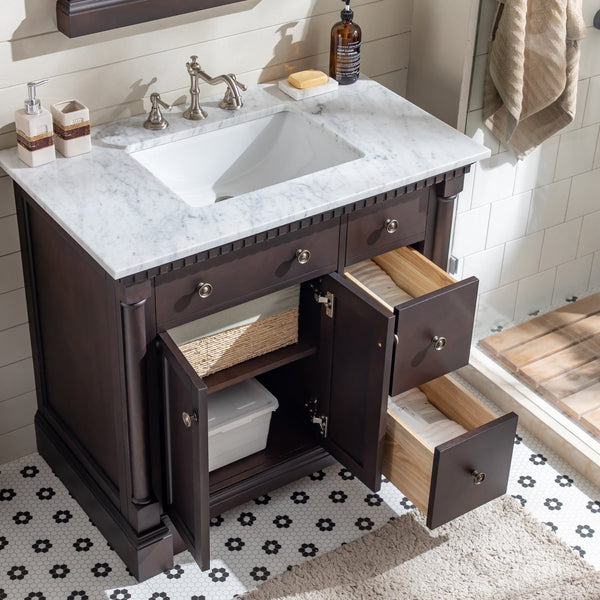 Eviva Preston 37 in. Aged Chocolate Bathroom Vanity with White Carrara Marble Countertop and Undermount Sink - Luxe Bathroom Vanities Luxury Bathroom Fixtures Bathroom Furniture