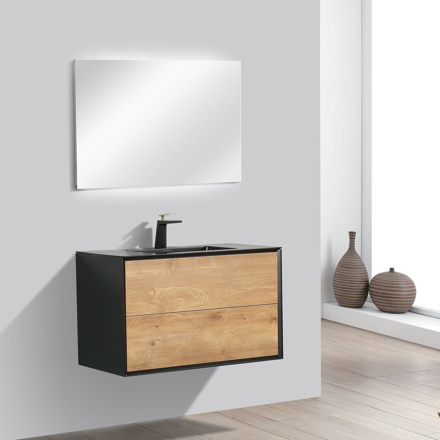 Eviva Vienna 36 in. Oak Wall Mount Bathroom Vanity with White Integrated Acrylic Sink - Luxe Bathroom Vanities Luxury Bathroom Fixtures Bathroom Furniture