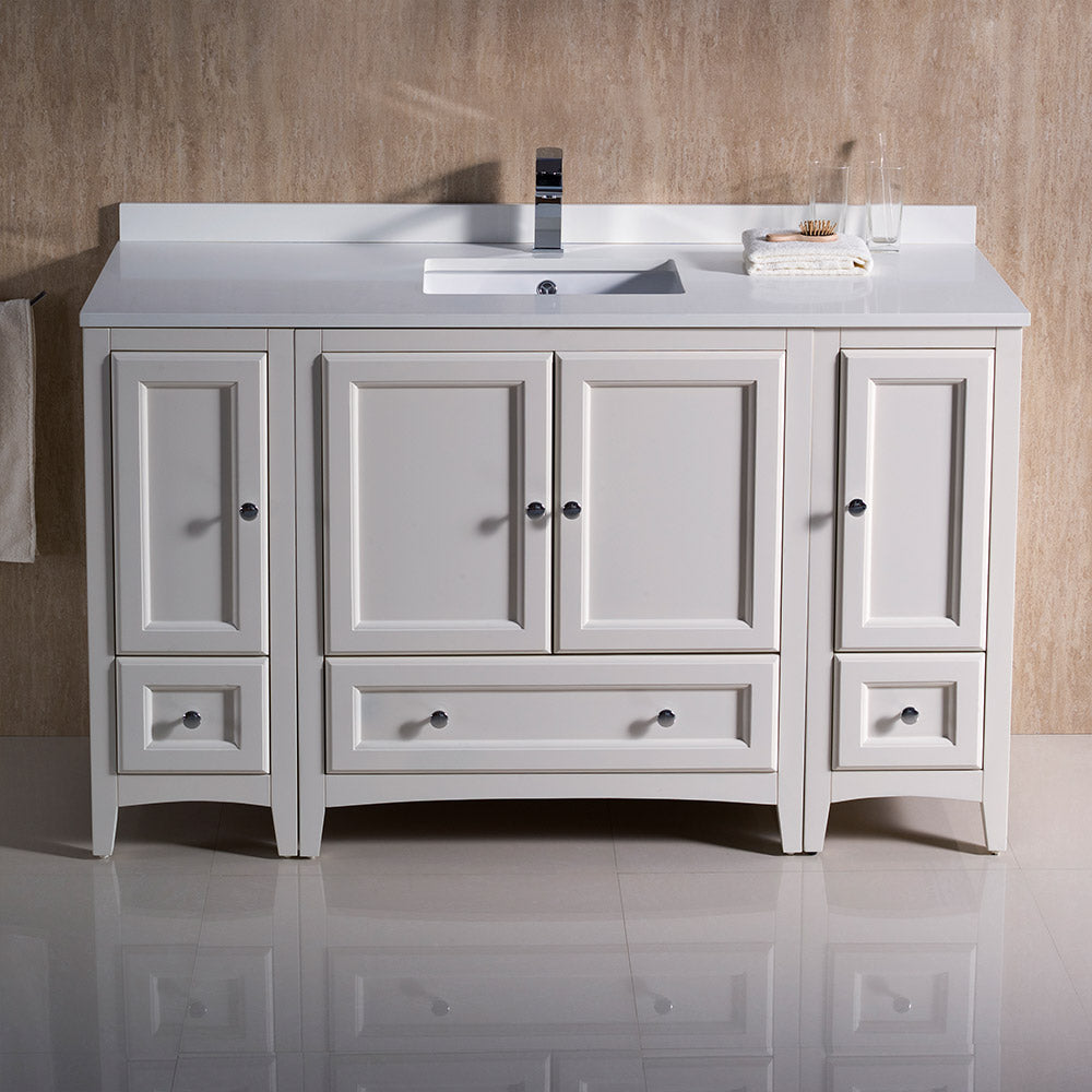 Fresca Oxford 54" Antique White Traditional Bathroom Cabinets w/ Top & Sink - Luxe Bathroom Vanities
