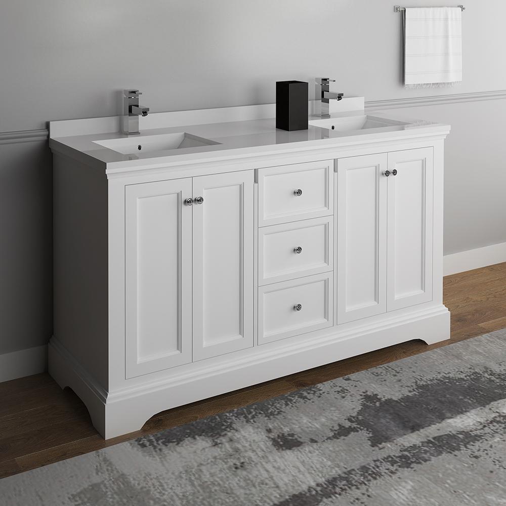 Fresca Windsor 60" Textured Traditional Double Sink Bathroom Cabinet w/ Top & Sinks - Luxe Bathroom Vanities