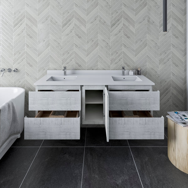 Fresca Formosa 60" Wall Hung Double Sink Modern Bathroom Cabinet w/ Top & Sinks - Luxe Bathroom Vanities