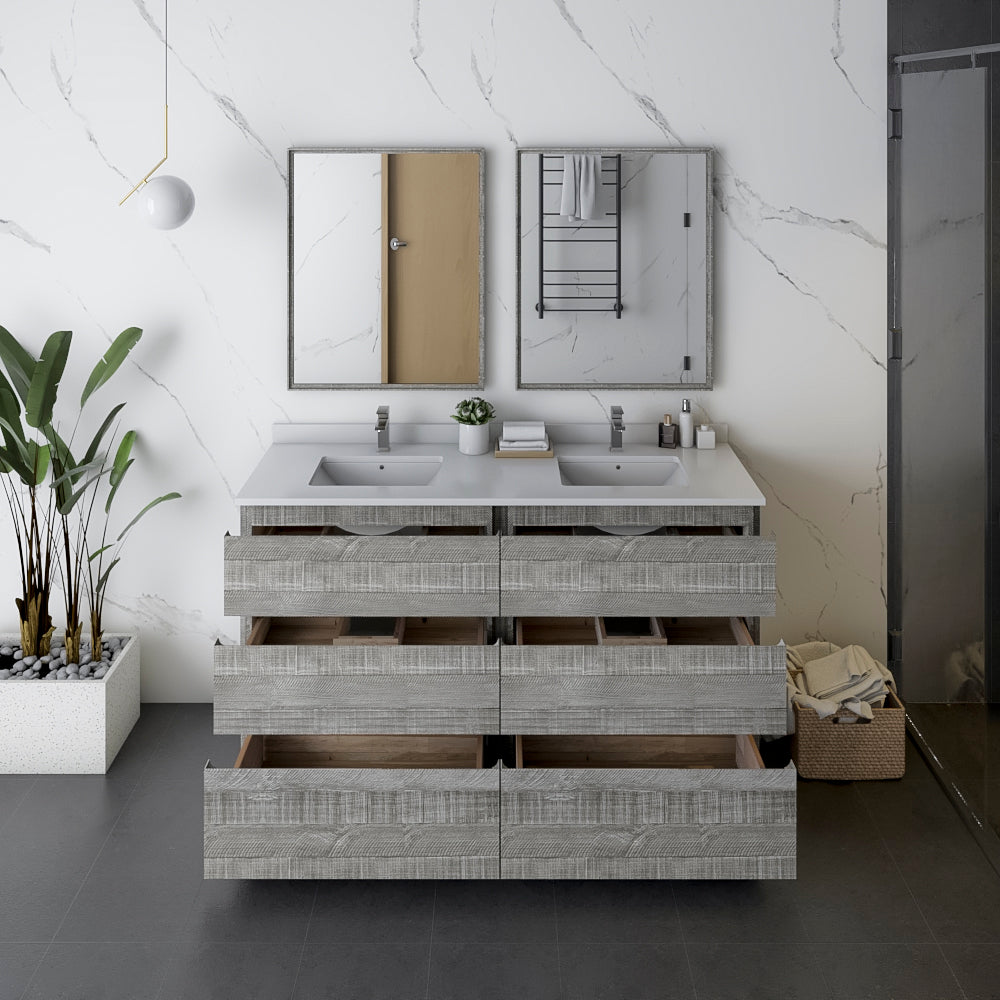 Fresca Formosa 60" Floor Standing Double Sink Modern Bathroom Cabinet w/ Top & Sinks in Ash - Luxe Bathroom Vanities