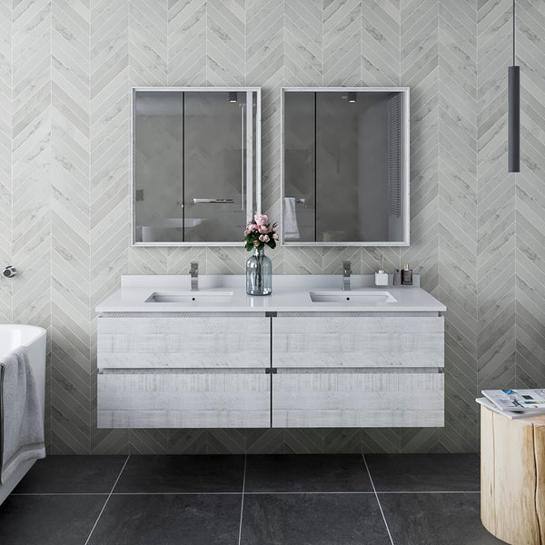 Fresca Formosa 60" Wall Hung Double Sink Modern Bathroom Cabinet w/ Top & Sinks in Rustic White - Luxe Bathroom Vanities
